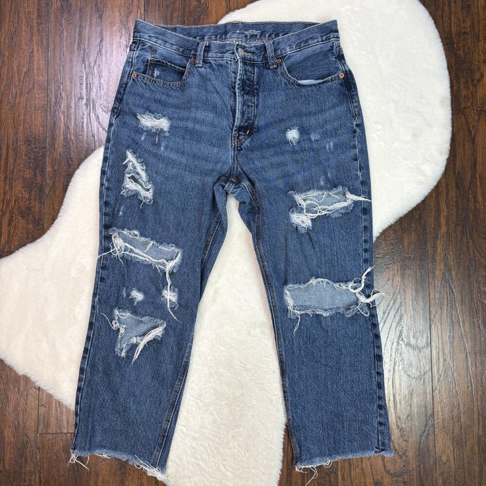 Old Navy Jeans 12 Slouchy Straight Medium Wash Ripped Button-Fly Raw Hem Women's